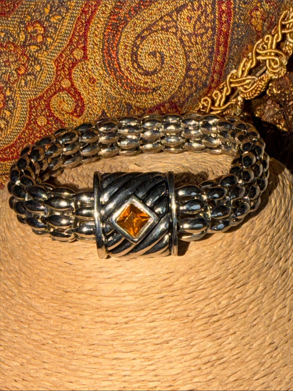 Sterling Silver Woven Bracelet with Amber Gemstone